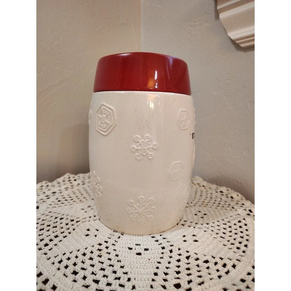 2011 Starbucks Red white Holiday Snowflake Ceramic Coffee Canister 7